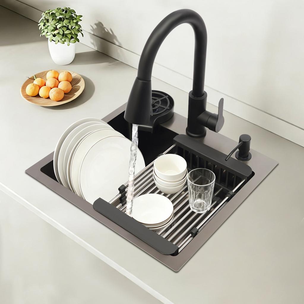 Multi-Functional 201 Stainless Steel Kitchen Sink – Pull-Out Faucet, Cup Rinser, Drain Basket & Soap Dispenser Included – Gun-Grey – 45 x 40 cm