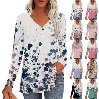 Модные топы, повседневная плиссированная футболка с V-образным вырезом и растительным принтом, длинный рукав