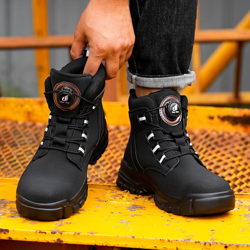 Men's Steel-Toed Safety Shoes With Anti-Crush, Anti-Puncture And Anti-Slip Soles, Fashionable Button Industrial Work Boots