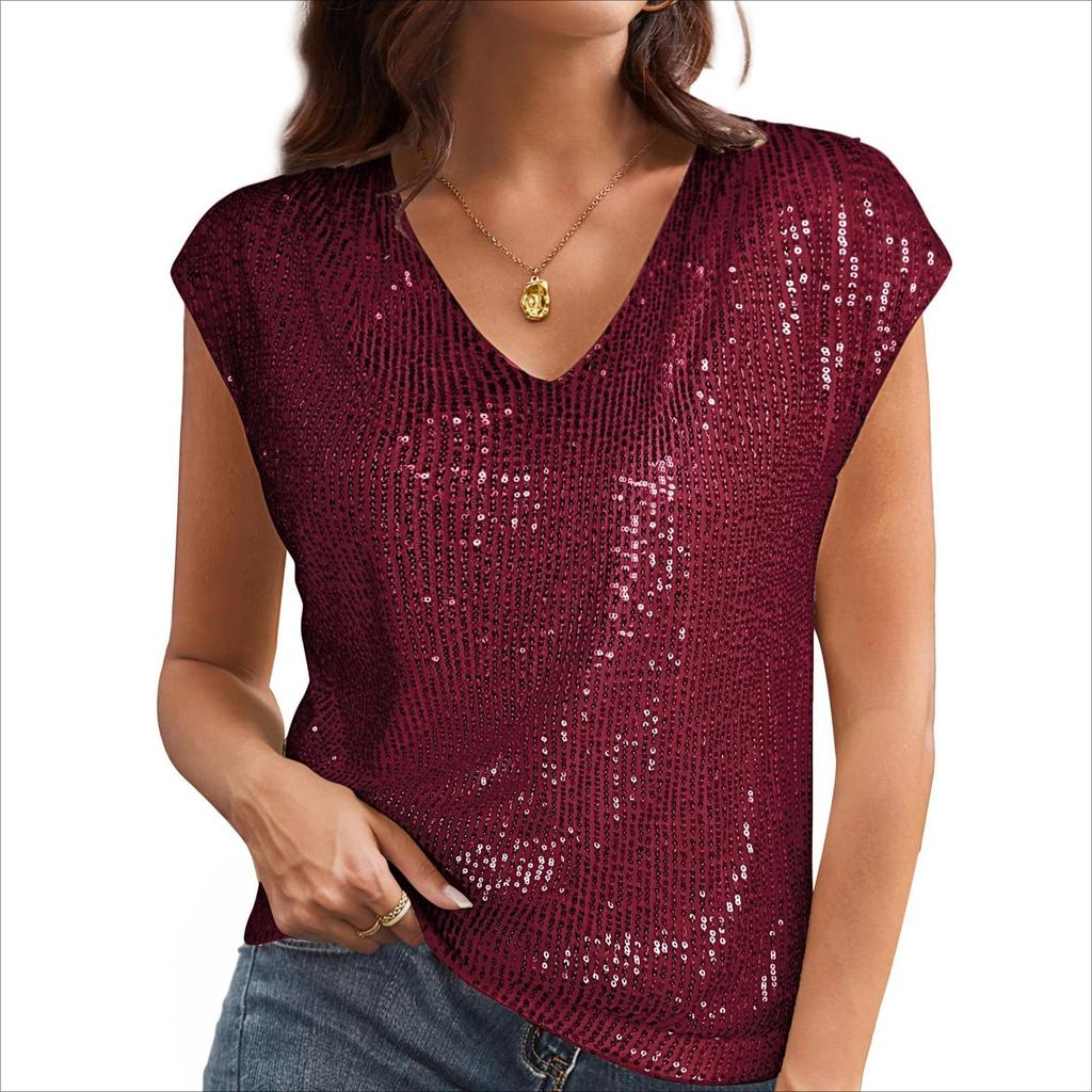 Summer New Women's V-neck Sequined Short Sleeved Top Vest for Women