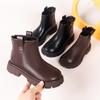 Girls Leather Boots Black Brown Children Boots Non-slip Fashion Kids Short Boots for Boys Britain PU  Round-toe