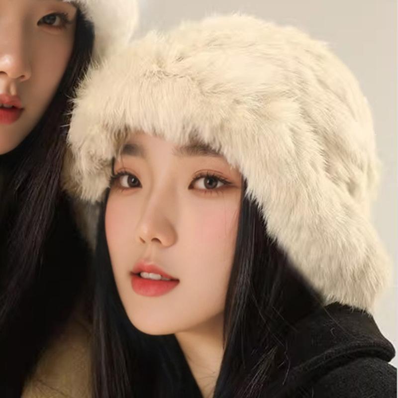 Rabbit Haired Hat Women's Face In Autumn and Winter Small Furry Plush Hat Warm Ear Protection Fur Big Head Fisherman Hat Trend