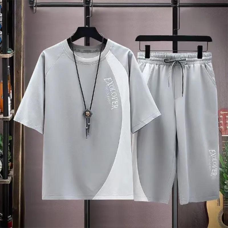Летний костюм-футболка с короткими рукавами, мужской однотонный трендовый молодежный повседневный спортивный укороченный костюм из двух предметов