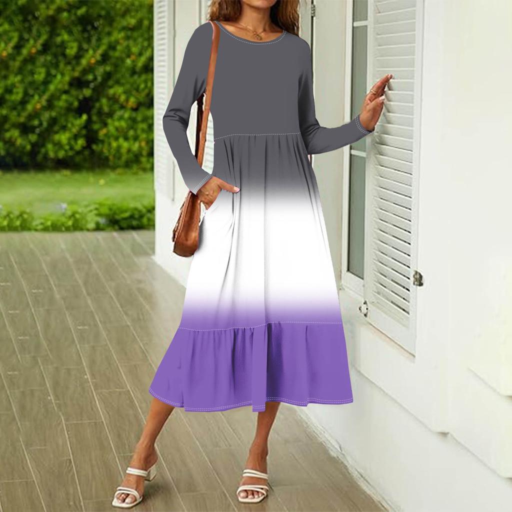 Women's Gradient Sequins Printed Casual Dress Spring Autumn Pocket Round Neck Long Sleeve Dresses