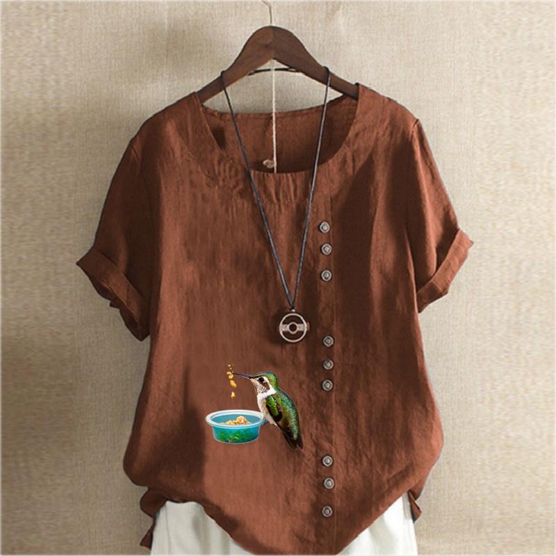 Women's New Fashion Linen Shirt Round Neck Short Sleeve Bird Printed T-shirt Summer Ladies Casual Plus Size Blouse Tops