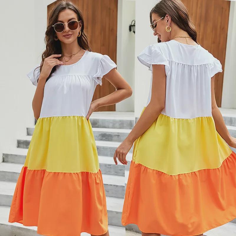 Bright Yellow Bohemian Beach Dress with Three-Color Stitching, Round Neck, and Flutter Sleeves for Summer 2025