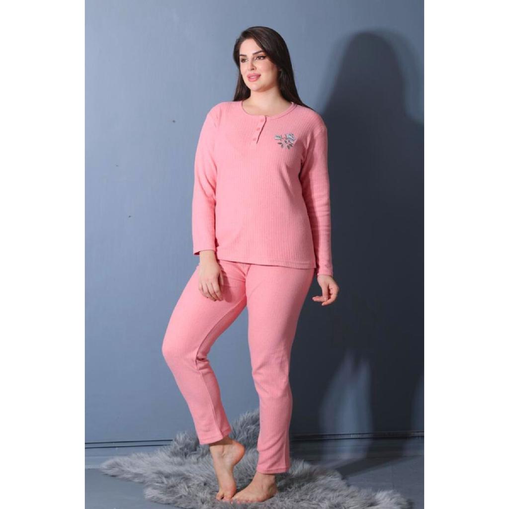 Wide Fit Mother's Winter Long Sleeve Green Plus Size Pajama Set - Single Flower