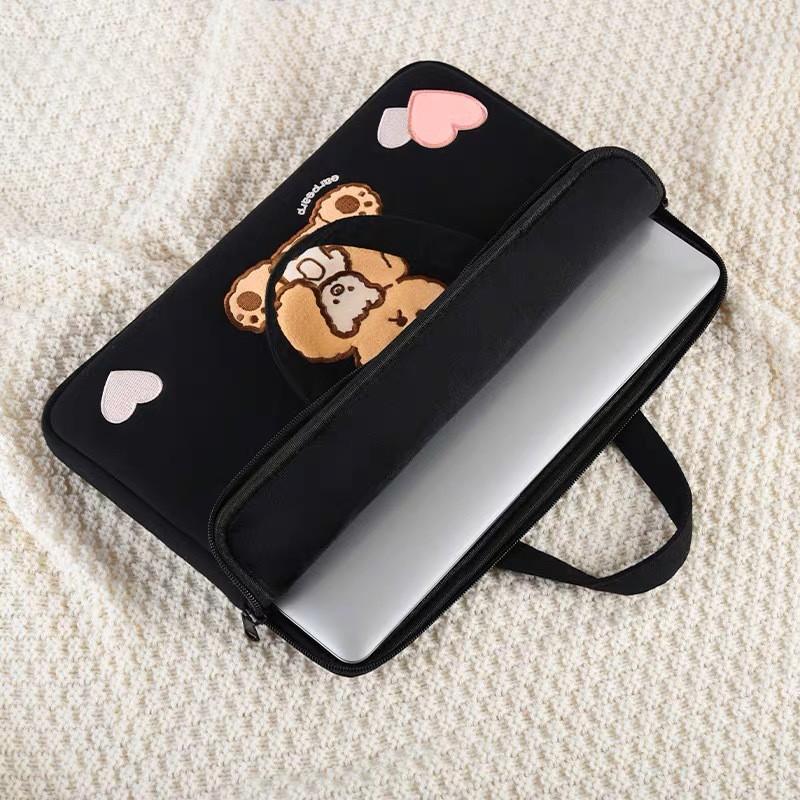 Stitched Laptop Sleeve Women Men 13.3 14 15.6 16 Inch Notebook Case Shockproof Portable Bag With Bear Cartoon Embroidery