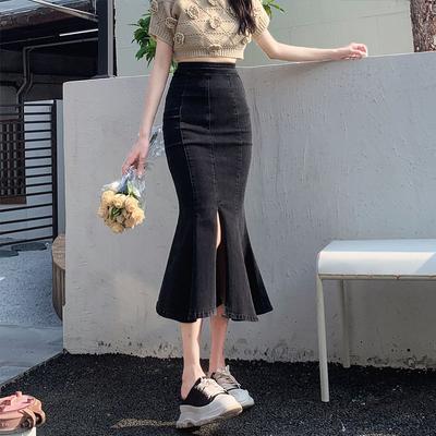 Эластичная женская летняя юбка-трапеция с высокой талией, открытая юбка-трапеция, тонкая узкая юбка-рыбий хвост, универсальная удобная модная джинсовая юбка-бюстье