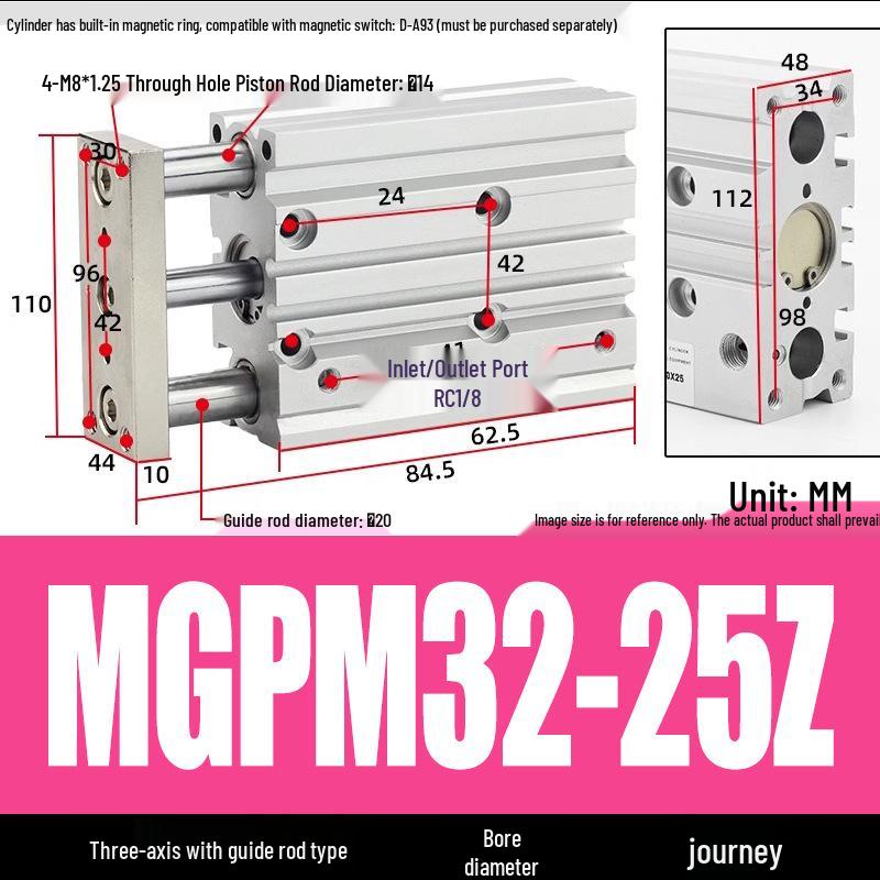 Compact Three-Axis Pneumatic Guided Rod Cylinder 12/16/20/25/32-10/20/40/50/75z