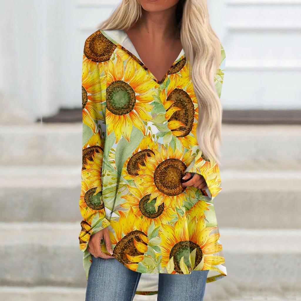 Women's V-neck Hooded Loose Long-sleeved Tops Casual Tops Home Leisure Pajamas Tops