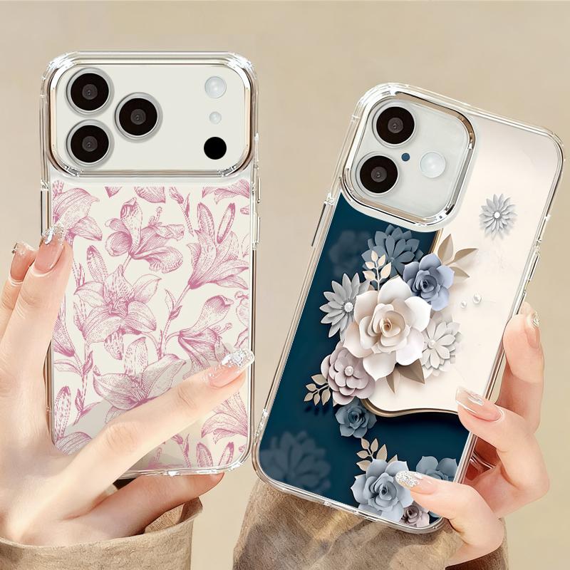 Романтичный чехол с узором из роз для iPhone 17 Pro Max iPhone 16 15 14 13 Pro Max 11 17e 16e Покрытие Рамка камеры Прозрачная Мягкая Силиконовая Задняя крышка