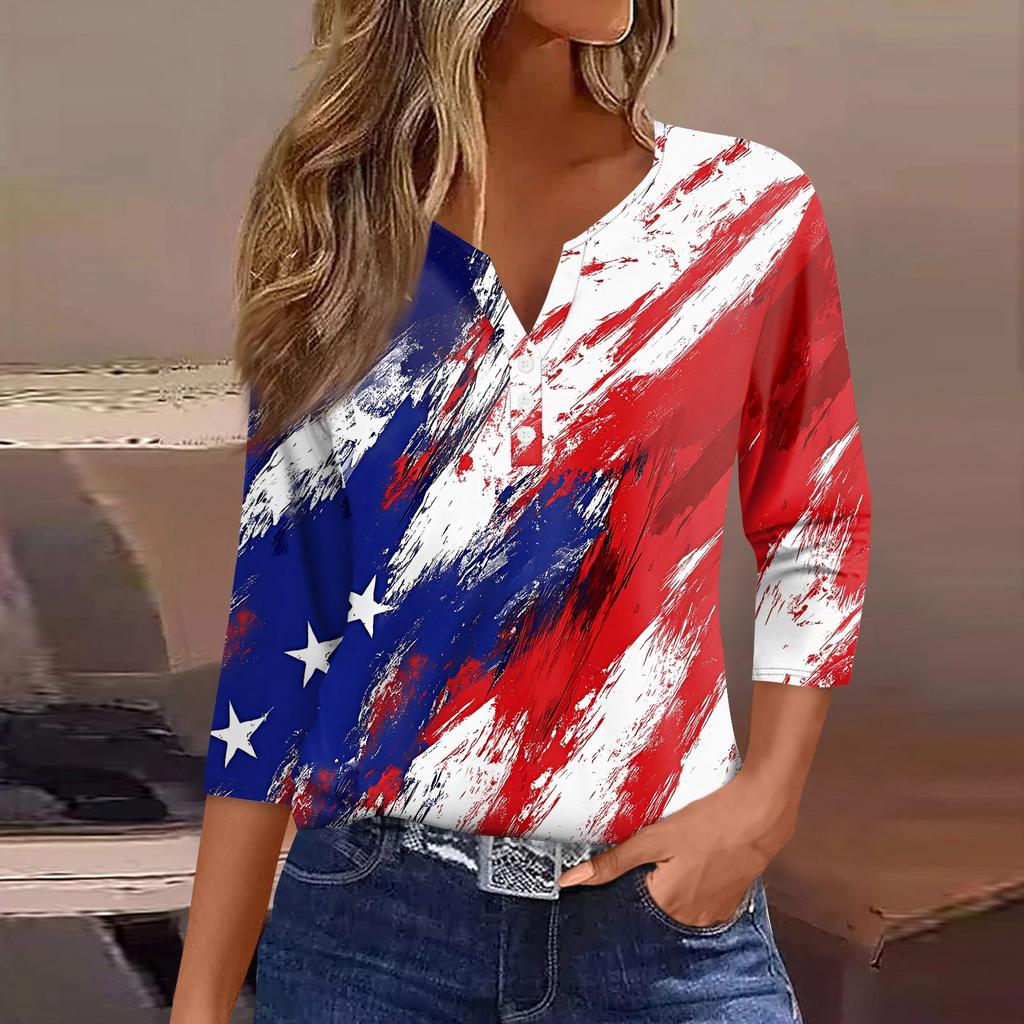 Жен. Футболка С принтом Пуговицы Рукав 3/4 Повседневные Выходные Мода Классический Классический V-образный вырез Обычный Верх