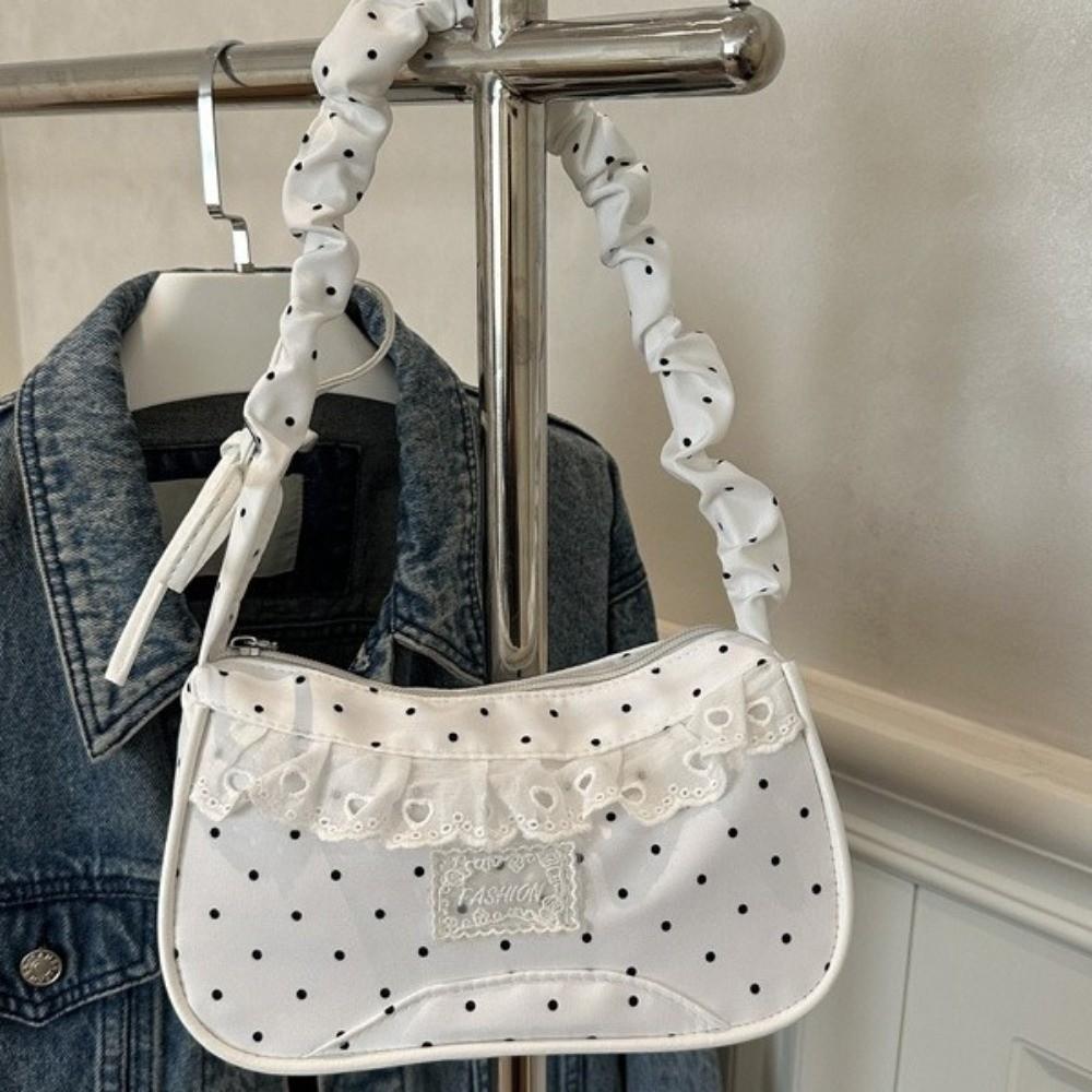 Lace Polka Dot Shoulder Bag Drawstring French Stick Handbag Y2K Pleated Underarm Bag Travel