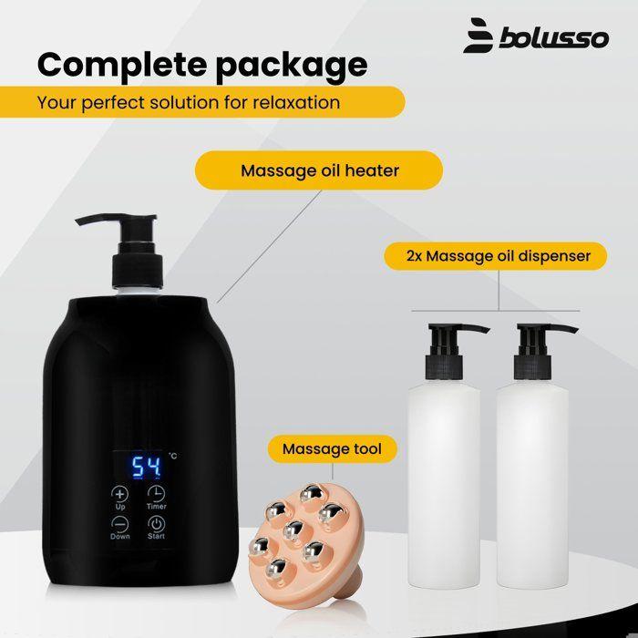 Chauffe-huile de massage - BOLUSSO - Chauffe-Huile Massage - 3 huiles (Coco, Rose, Cacao) - 2 distributeurs - Temp. 30–65°C