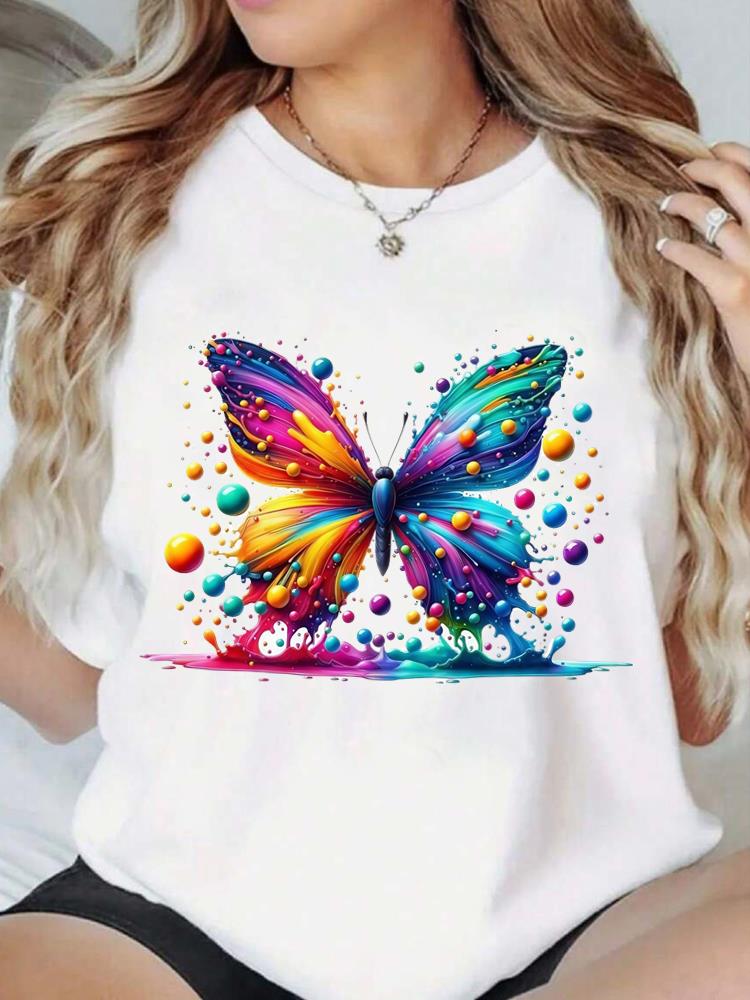 (Asian Size) Print Fashion Female Tee Top Women trend butterfly letter Clothing T Shirt Woman Short Sleeve Graphic T-shirts