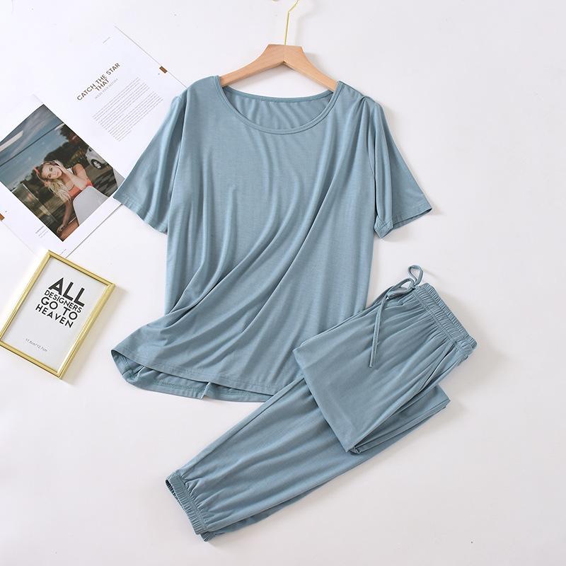 Весенне-летняя женская модальная пижама из двух частей с короткими рукавами и брюками, цветной повседневный комплект домашней одежды большого размера
