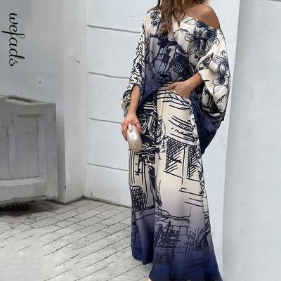 Модные женские летние повседневные пуловеры с принтом и рукавами-фонариками, свободные широкие брюки с карманами, комплекты брюк