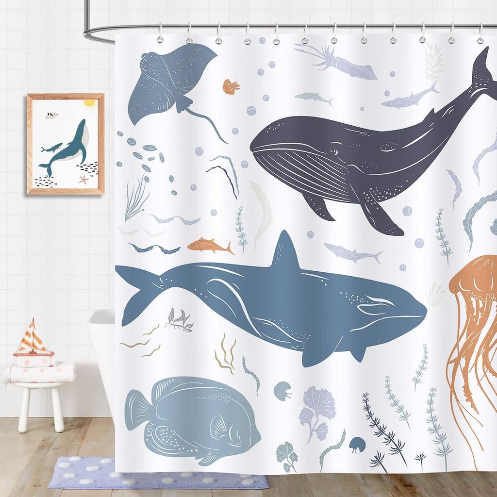Whale Ocean Blue Kids Cartoon Undersea Theme Waterproof Washable Polyester Shower Curtain 180 X 180Cm With 12 Hooks