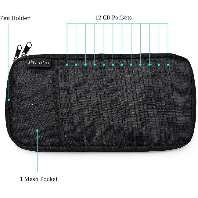 alavisxf xx Car CD Visor Holder, 12 Sleeves Organizer with Mesh Pocket | Durable Oxford Cloth, Holds 12 CDs/DVDs, 1 Pen Holder, 1 Back Inner Pocket,