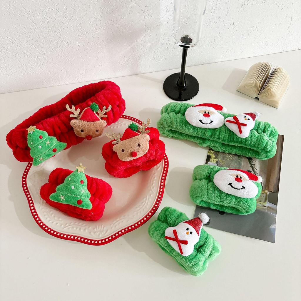 Рождественский плюшевый набор: повязка на голову для умывания и влагонепроницаемые напульсники для женщин