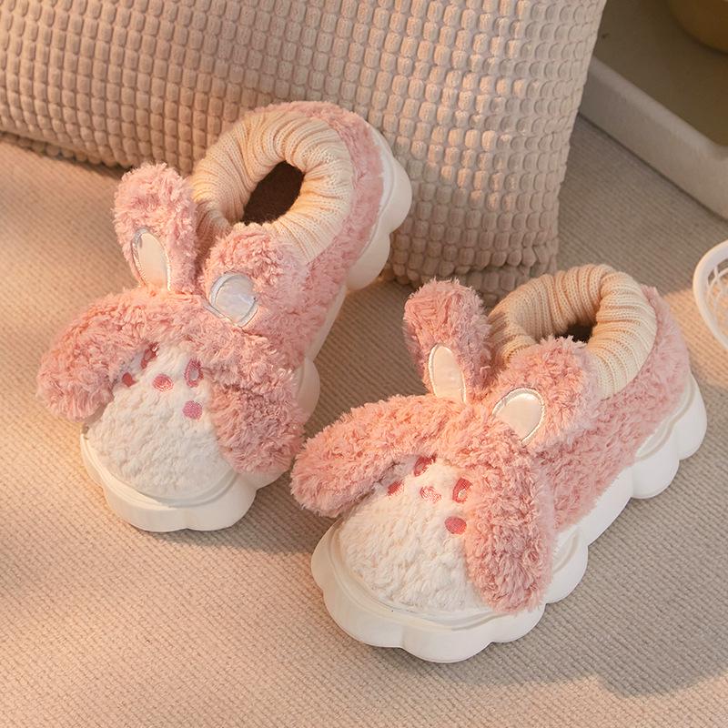 Women's Plush Rabbit Slippers with Heels - Non-Slip, Thick-Soled, Cozy Indoor Shoes for Autumn/Winter