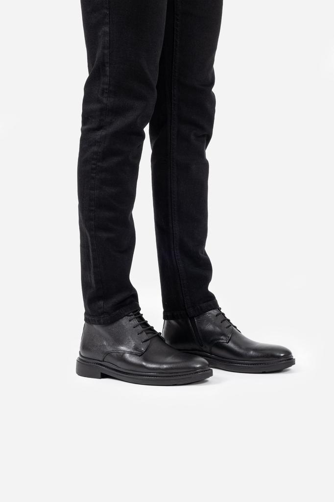 Men's Fashion Genuine Leather Thin Heeled Booties Black Lace-up Zippered Boots Shoes