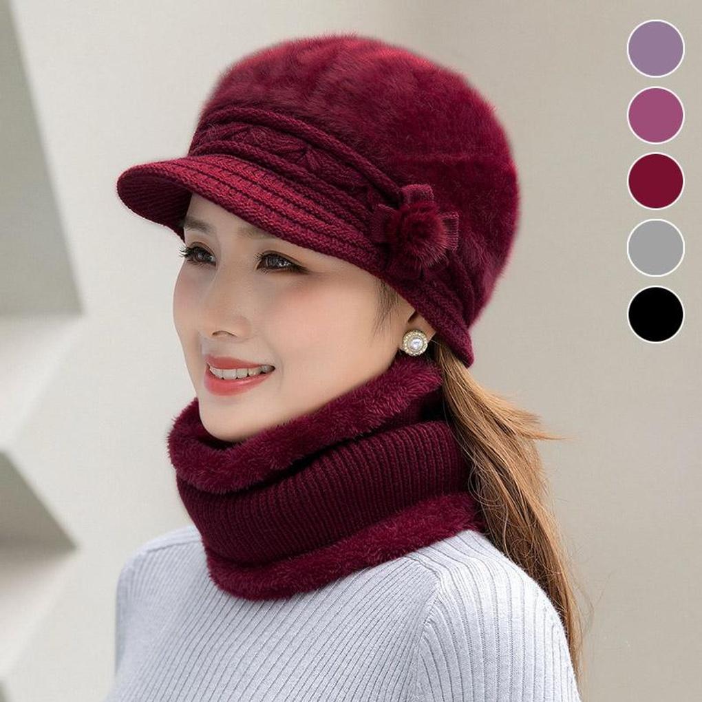 Winter rabbit fur knit hat neck warmer set for middle-aged and older people