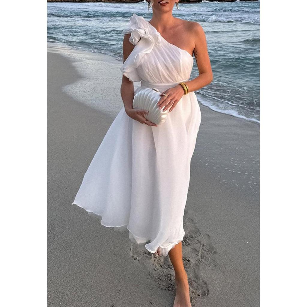 Женские платья весна-лето 2025 года, элегантное одно плечо, без рукавов, плиссированное, с высокой талией, длинное женское платье, шикарное женское праздничное платье