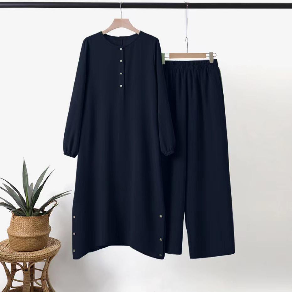 Danmo Women Muslim Two Pieces Set Blouse & Wide Leg Pant Musulman Ensemble Belt Single Button Shirt Ramadan Modest Clothing