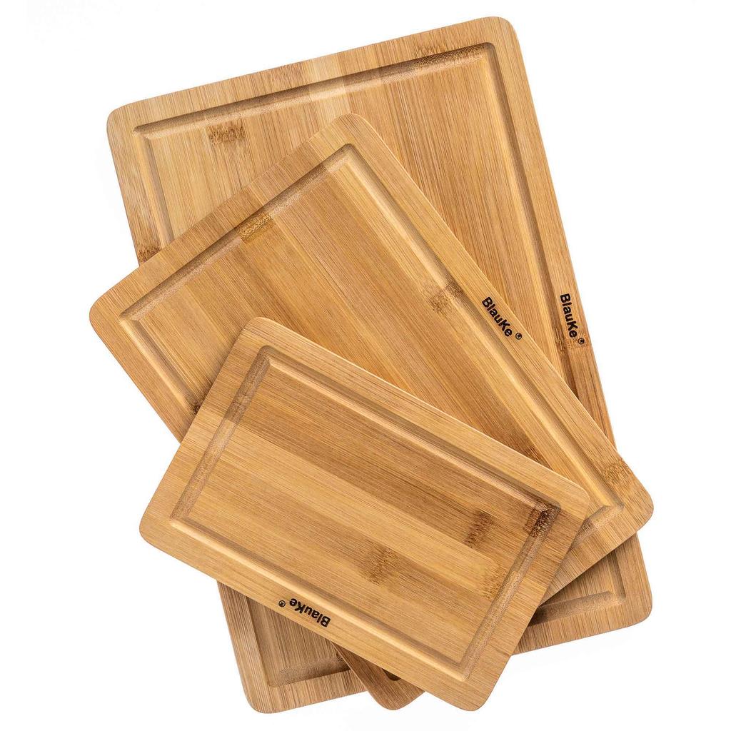 Wood Cutting Boards for Kitchen – Bamboo Cutting Board Set with Juice Groove and Handles – Wooden Chopping Board, Serving Tray – BlauKe®