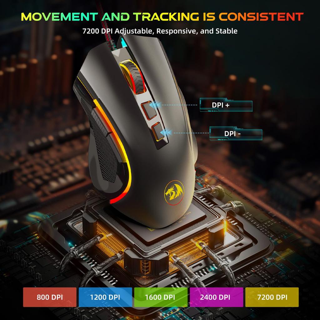 Черная проводная игровая мышь Redragon M602A-RGB с сенсором PAW 3212, 7200 DPI,