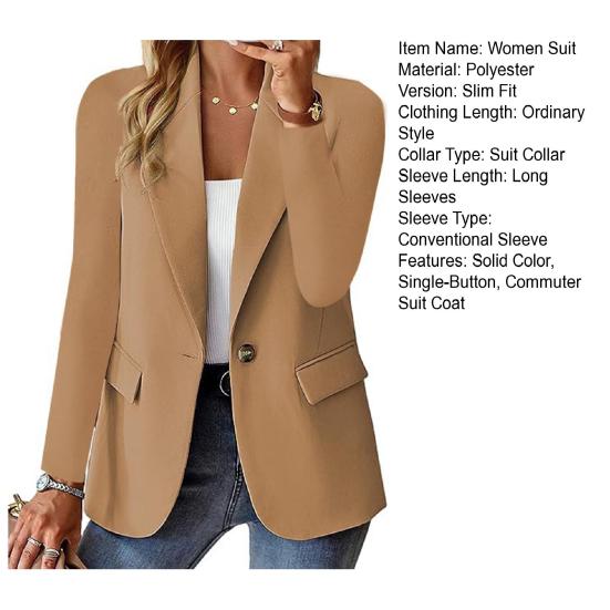Women Blazer Slim Fit Long Sleeves Commuter Suit Coat Solid Color Single-Button Blazer for Office Daily Wear Evening Party