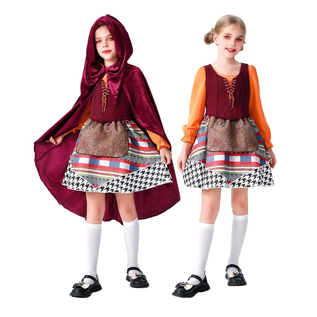 Хэллоуин Детский Костюм для Ролевых Игр Плащ-Накидка Платье Комплект Девочки Праздничная Сценическая Одежда Косплей Наряд