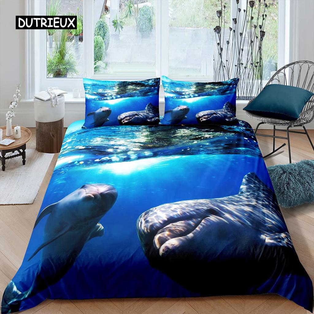 3D дельфин в синем море Queen King Size комплекты постельного белья Animal Single Quilt Duvet Cover Set Детская кровать для взрослых Полиэстеровое постельное белье