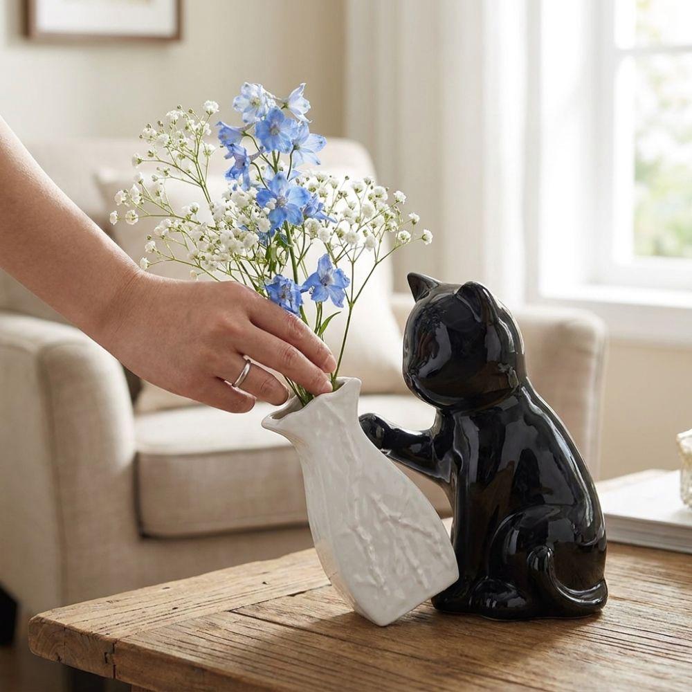 Cat Statue Kitten with Tilted Flower Vase Ceramic Flower Holder Decorative Vase Flower Arrangement