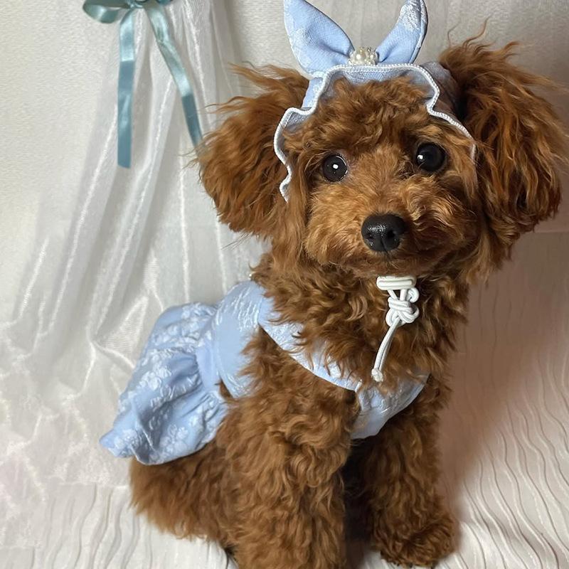 Dog Clothes Floral Princess Jacquard Dress + Hat for Easter Birthdays Small Dogs Teddy Breeds
