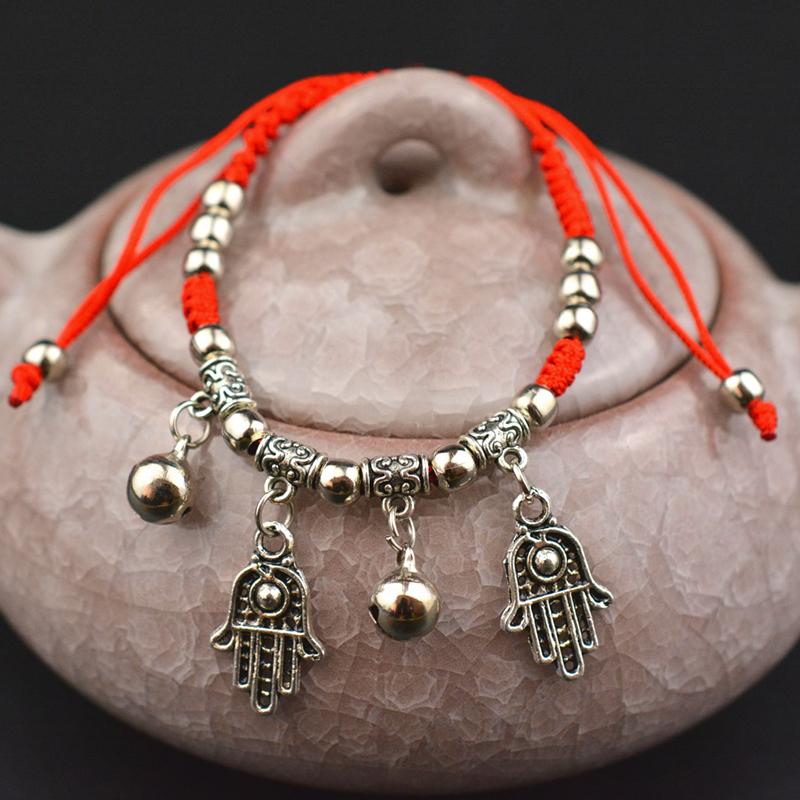 Simple Silver Retro Ethnic Style Anklet Female Beaded Red Rope Ankle Girl Accessories