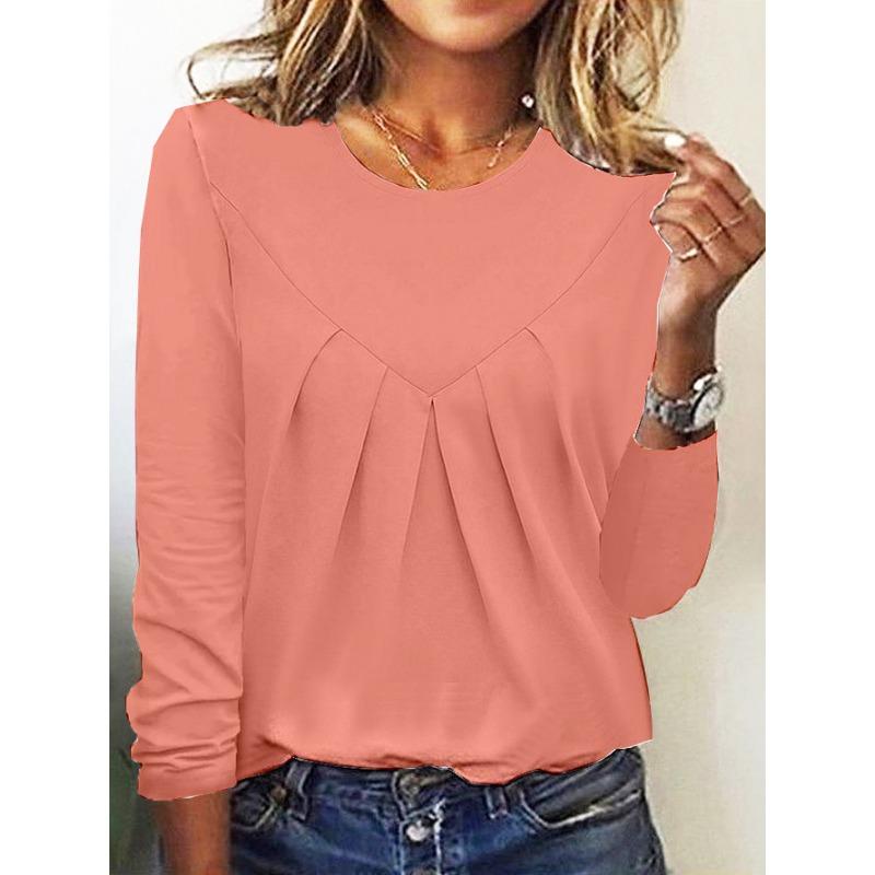 Daily Home Simple Elegant Women Pullover Top Wrinkled Base Shirt Long Sleeved T-shirt