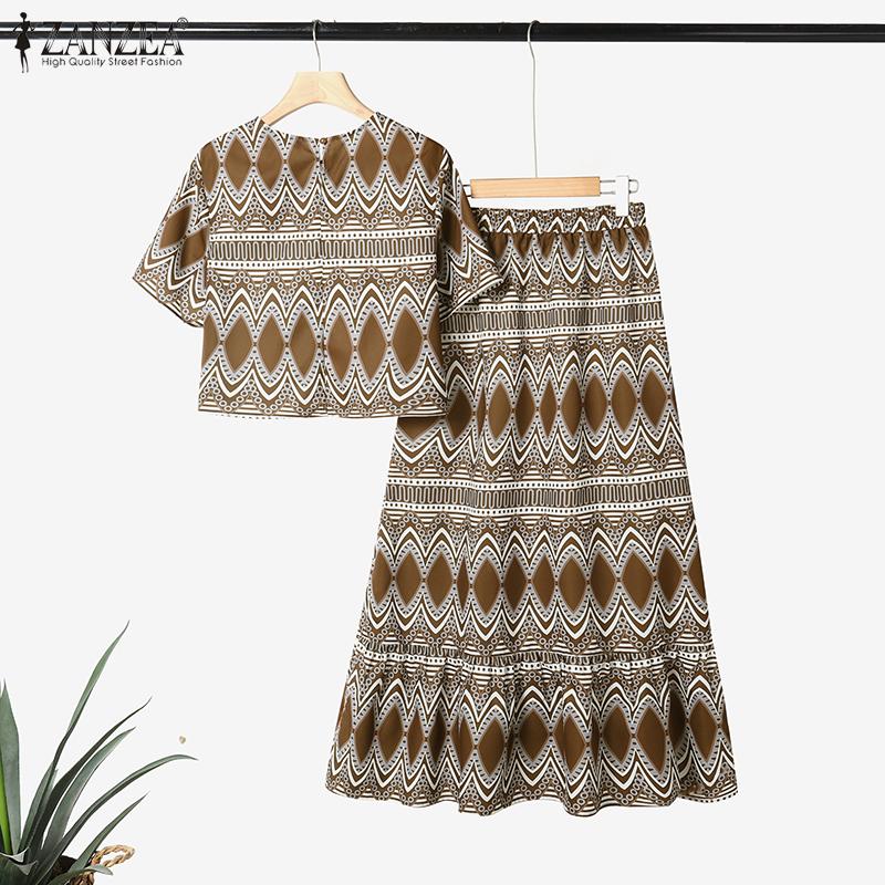 ZANZEA Женские летние комплекты из двух частей: блузка с коротким рукавом и длинные юбки