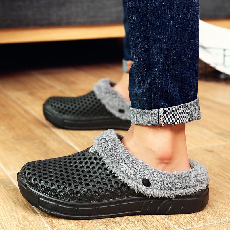 Plus Size 45 Fleece-Lined Thick-Soled Slippers for Couples - Slip-On Clog Shoes with Heel Cover for Men.