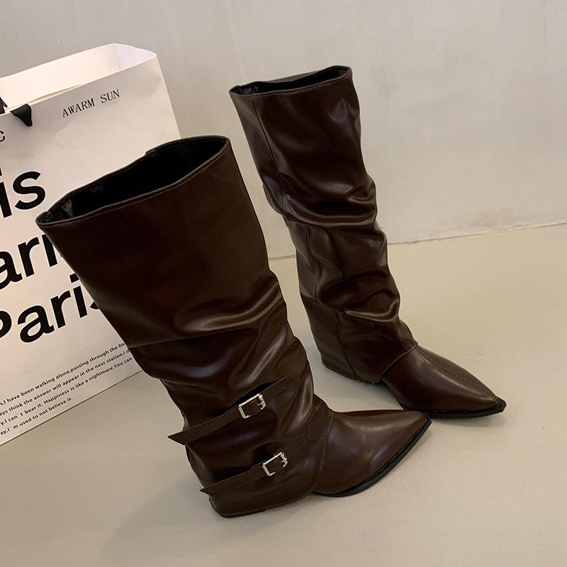 Мода Винтаж плиссированные женские сапоги до колена модные остроносые современные длинные сапоги осень-зима квадратные каблуки женская обувь