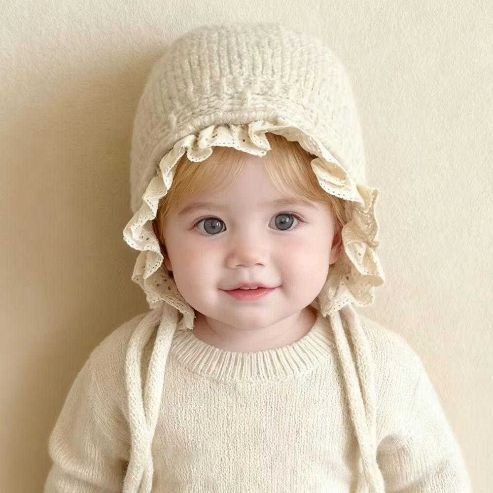 Windproof Kids Warm Hat Soft Knitted Lace Cap Sweetness Warmer Beanie Cap Girls