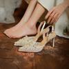 2025 Luxury Designer String Bead White Wedding Shoes Bridesmaid Sandals Women's Fashion Lace Slingbacks High Heels Pearl Pumps