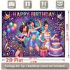 Vibrant Musical Celebration Scene with Three Stylish Dancers, Colorful Balloons, Treble Clefs and Lit Birthday Cake, Birthday Parties