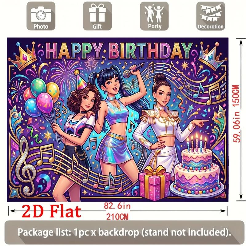 Vibrant Musical Celebration Scene with Three Stylish Dancers, Colorful Balloons, Treble Clefs and Lit Birthday Cake, Birthday Parties
