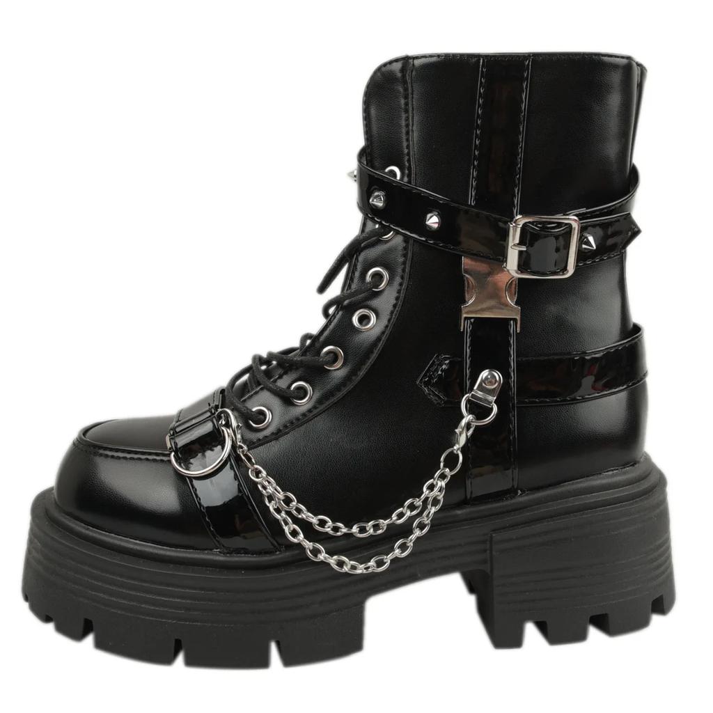 Fashion New Women's Biker Boots Patent Leather Breathable Zipper Lolita Platform Boots Winter New Retro Gothics Botines Chelsea