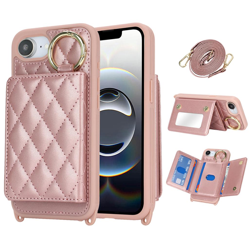 For iPhone 16e Case with Lanyard/Mirror/Card Holder Grids Pattern RFID Blocking Phone Cover