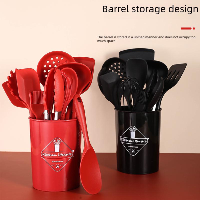 Набор силиконовых кухонных принадлежностей из 13 предметов: Лопатка с антипригарным покрытием, совок для слива, ложка - красный и черный