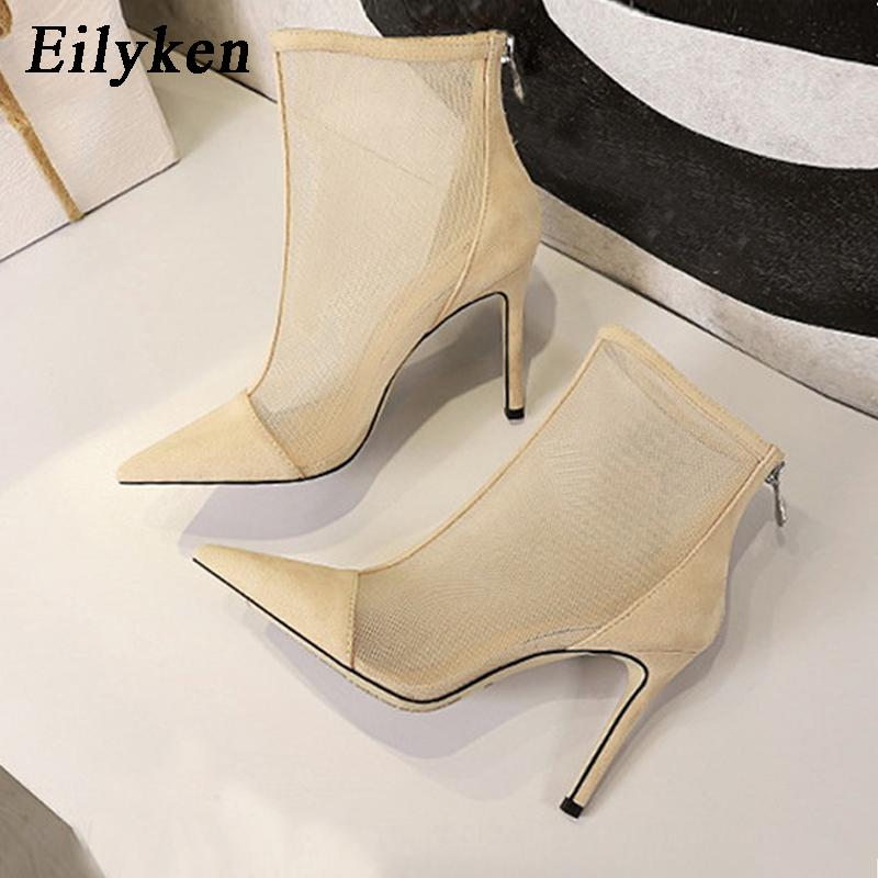 Fashion Eilyken Spring Autumn Sexy Mesh Women Ankle Boots Pointed Toe Fashion Zip Ladies Party Stiletto High Heels Shoes Size 34-40